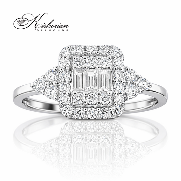 Годежен пръстен с диаманти 0.56 ct от бяло злато 14К – луксозен halo пръстен с багет диаманти