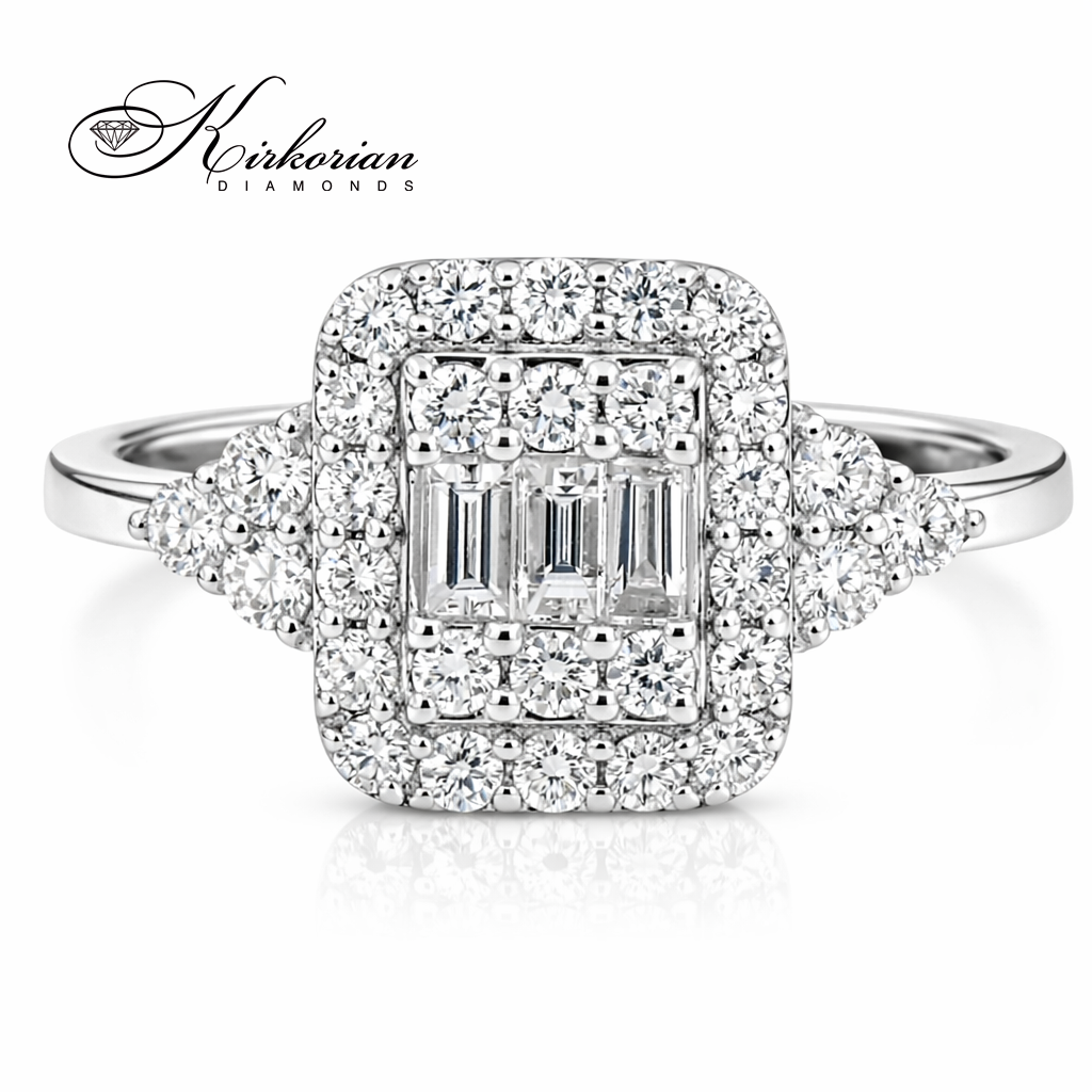 луксозен годежен пръстен с багет диаманти и halo дизайн