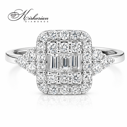 луксозен годежен пръстен с багет диаманти и halo дизайн