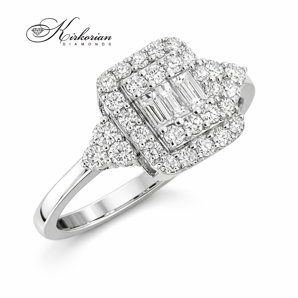 пръстен с багет и кръгли диаманти бяло злато 14к