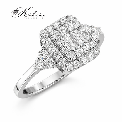 пръстен с багет и кръгли диаманти бяло злато 14к