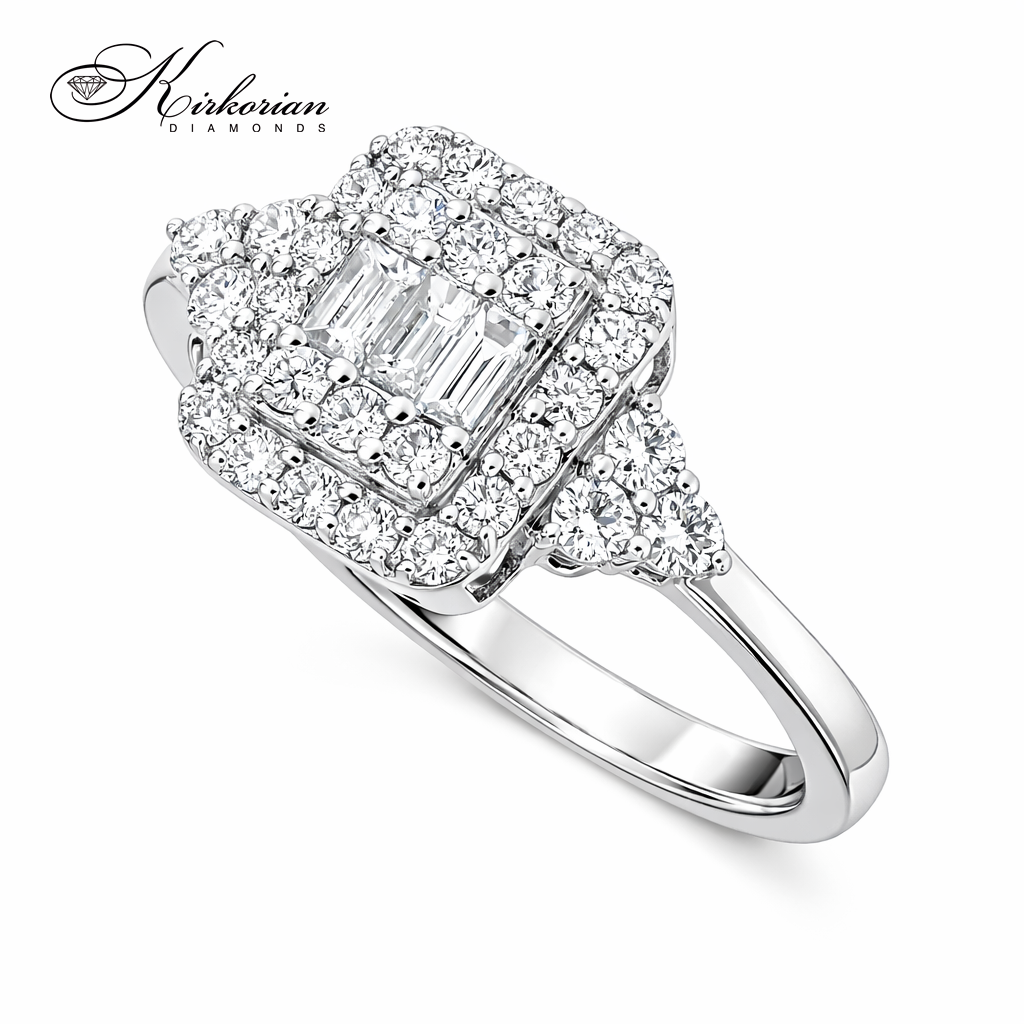 diamond halo engagement ring baguette diamonds white gold