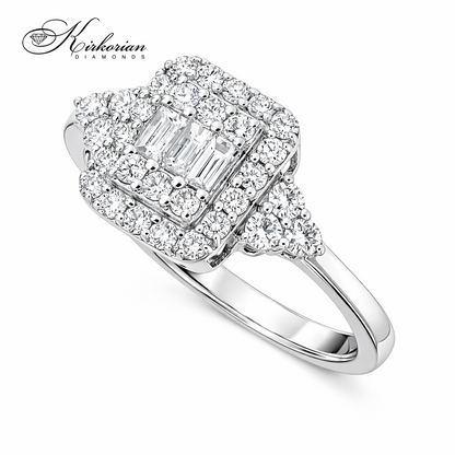 diamond halo engagement ring baguette diamonds white gold