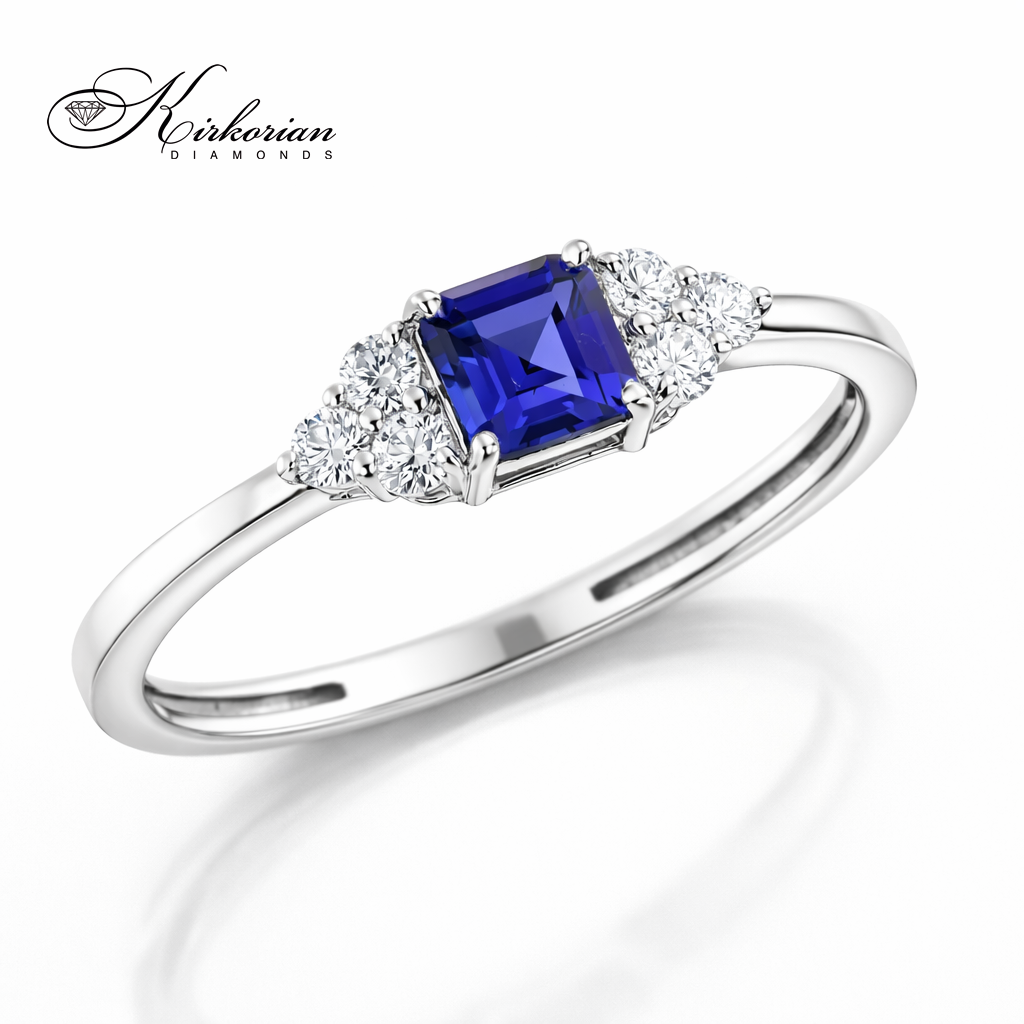 луксозен пръстен със сапфир и диаманти бяло злато