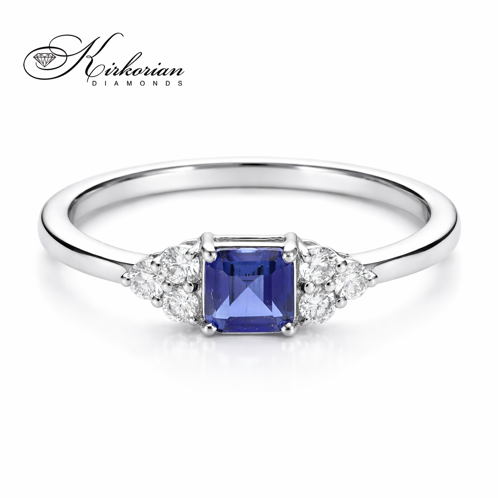 дамски пръстен бяло злато със син сапфир и диаманти