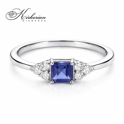 дамски пръстен бяло злато със син сапфир и диаманти