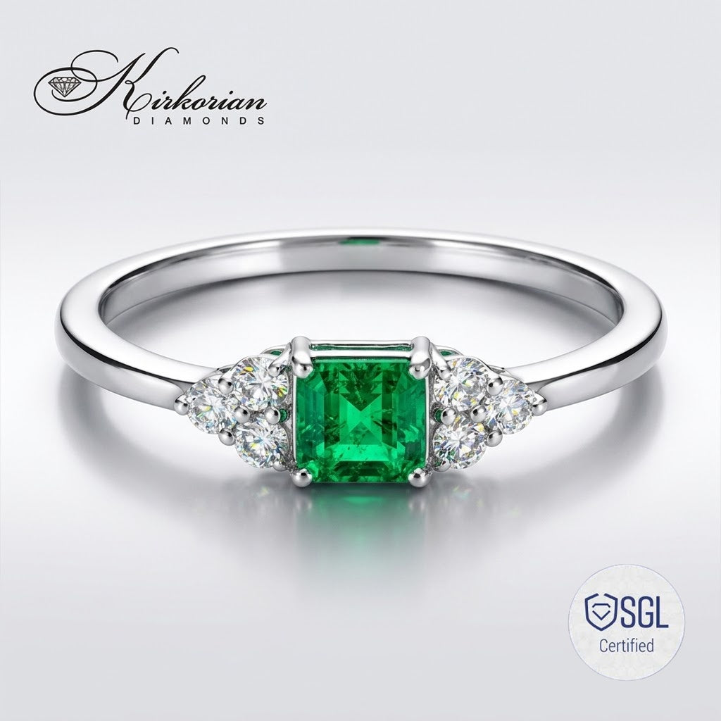 Пръстен със смарагд Emerald Cut и шест кръгли диаманта – LR7217EM