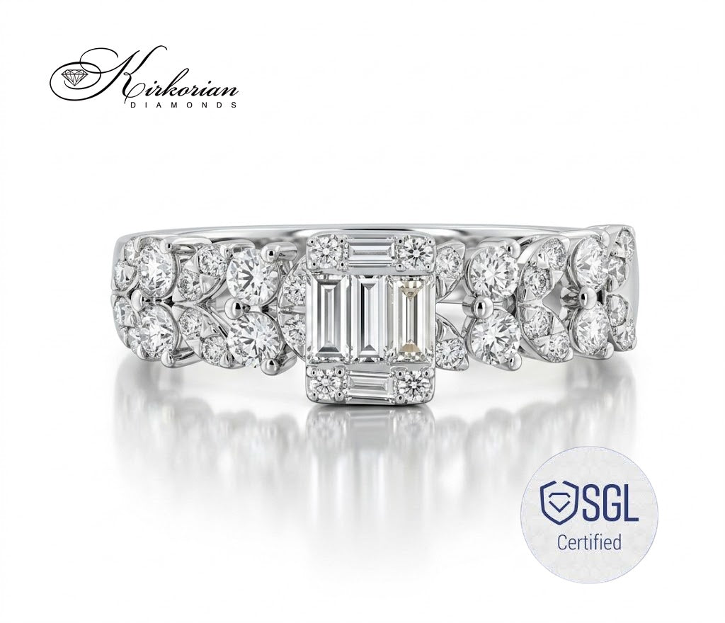 White gold diamond ring with emerald cut center stone
