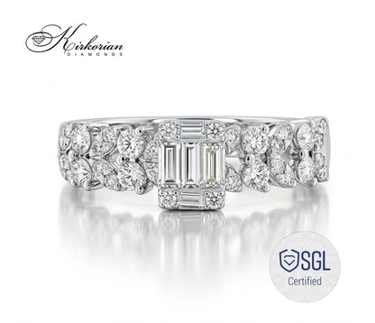 White gold diamond ring with emerald cut center stone