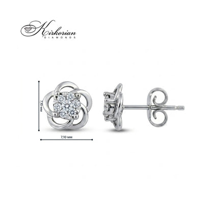 Обеци от бяло злато 14К с диаманти 0.10 ct модел OB003 Kirkorian Diamonds – обеци на щифт с цвете и размер 7.10 мм