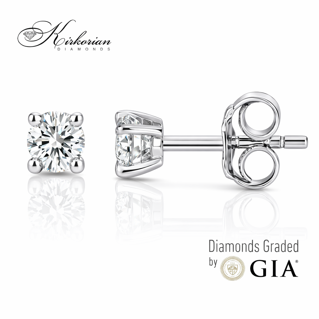 Класически обеци от бяло злато 14К с диаманти 0.52 ct OB127 – кръгли брилянтни диаманти, винтово закопчаване, сертифицирани от GIA, луксозни диамантени обеци Kirkorian Diamonds.