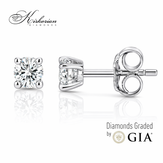 Класически обеци от бяло злато 14К с диаманти 0.52 ct OB127 – кръгли брилянтни диаманти, винтово закопчаване, сертифицирани от GIA, луксозни диамантени обеци Kirkorian Diamonds.
