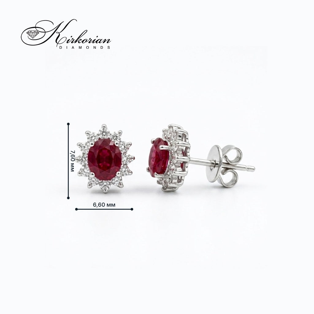 Луксозни обеци с естествени рубини 1.24 ct и диаманти 0.24 ct от бяло злато 14К (585) – овални рубини с ореол от брилянтно шлифовани естествени диаманти | Kirkorian Diamonds ON4