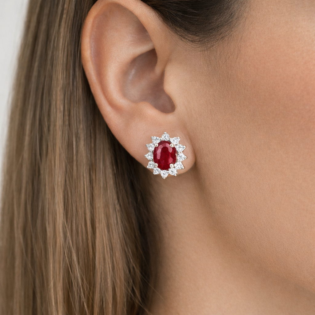 Обеци от Бяло Злато 14К с Рубин и Диаманти - ON4