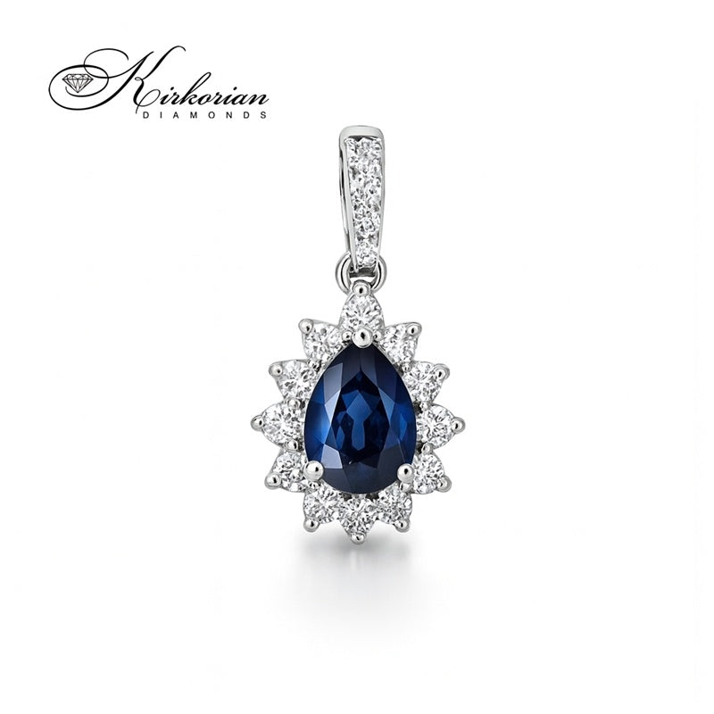 Висулка от бяло злато 18k с диаманти 0.15ct и сапфир 0.30ct във форма капка | Код: PD016441