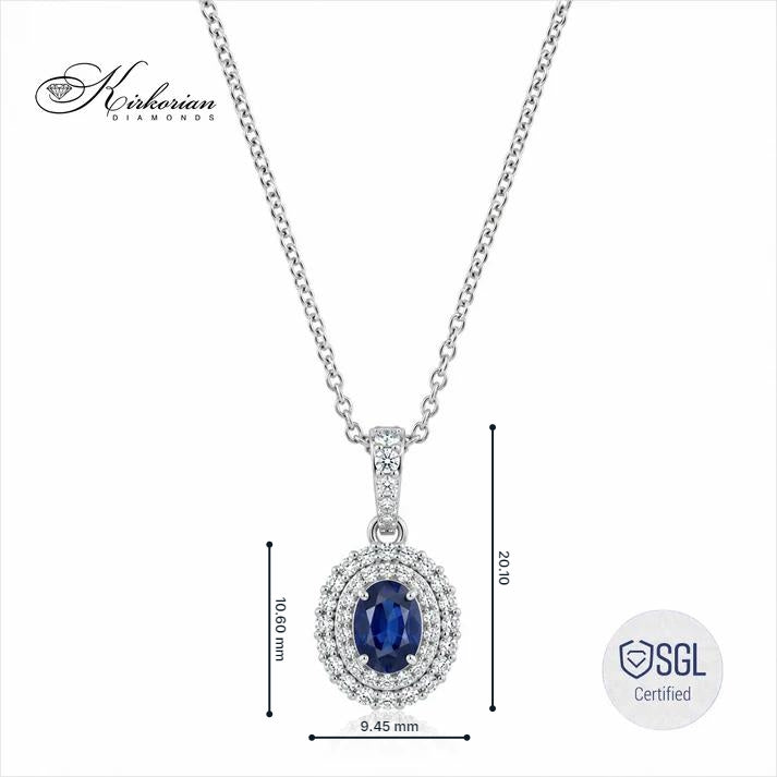 Колие от 14К бяло злато с естествен сапфир 0.54 ct и диаманти 0.36 ct F/G VS, висулка 20.10 х 9.45 мм