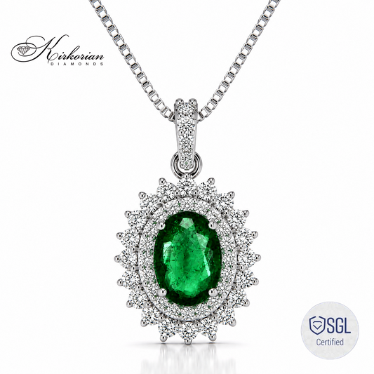 Колие от бяло злато 14К с естествен смарагд 0.74 ct и диаманти 0.39 ct