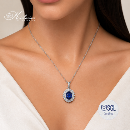 Дамско колие с естествен сапфир 0.99 ct и диаманти F/G VS от бяло злато 14K – фино луксозно колие | PD6318