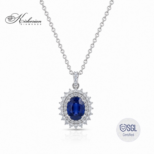 Луксозно дамско колие от бяло злато 14К с естествен сапфир 0.99 ct и диаманти 0.38 ct F/G VS – елегантен модел с овален сапфир | PD6318