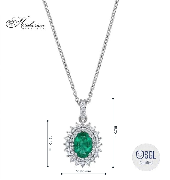 Колие от 14К бяло злато с естествен смарагд 0.74 ct и диаманти 0.39 ct F/G VS, висулка 18.70 х 10.80 мм
