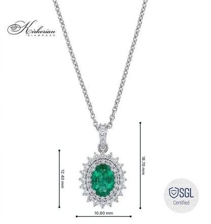 Колие от 14К бяло злато с естествен смарагд 0.74 ct и диаманти 0.39 ct F/G VS, висулка 18.70 х 10.80 мм