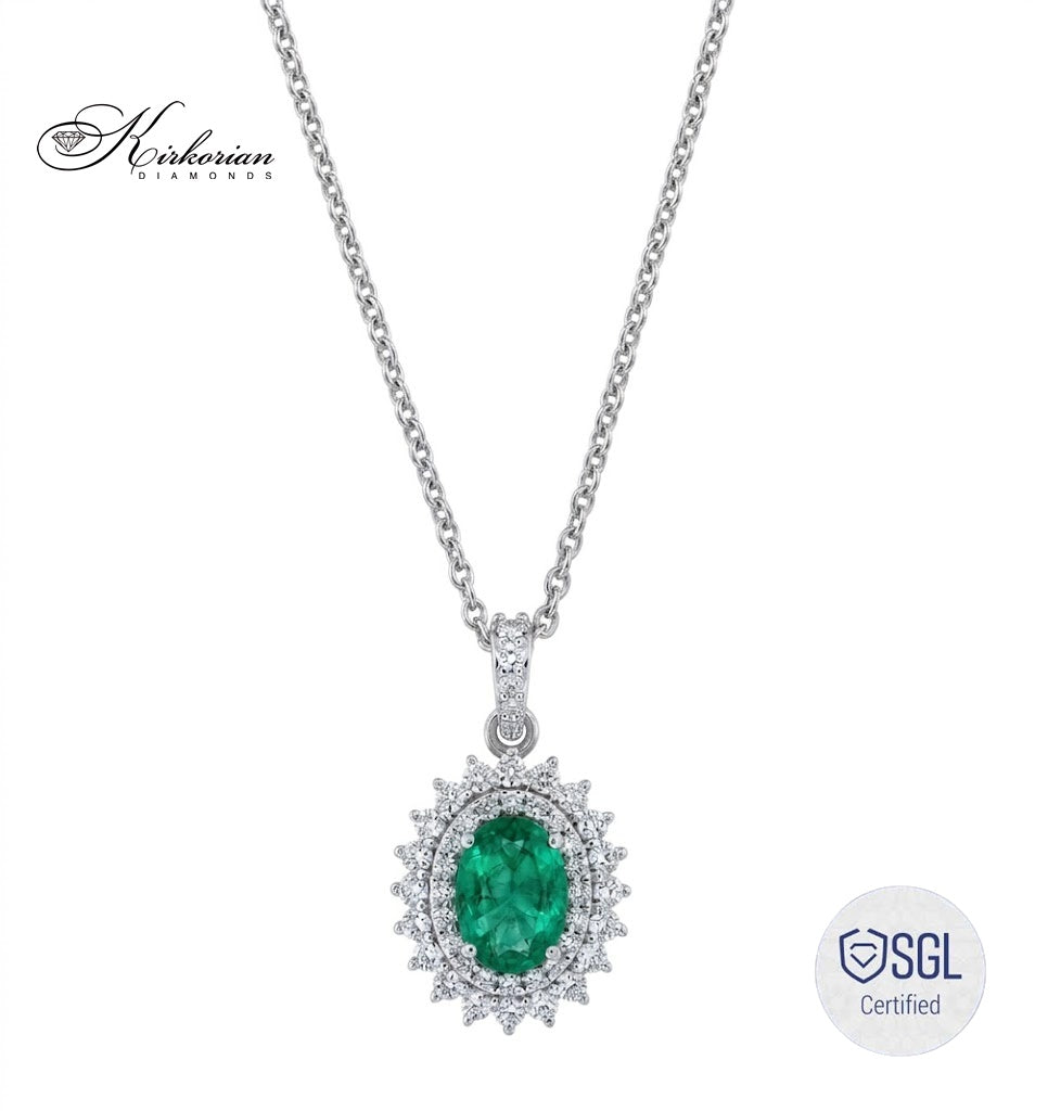 Колие от бяло злато 14К с естествен смарагд 0.74 ct и диаманти F/G VS – луксозно дамско бижу с halo дизайн | PD6318EM