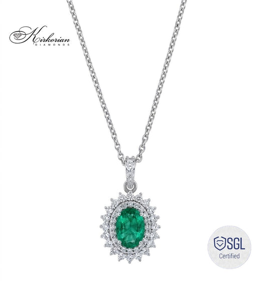 Колие от бяло злато 14К с естествен смарагд 0.74 ct и диаманти F/G VS – луксозно дамско бижу с halo дизайн | PD6318EM