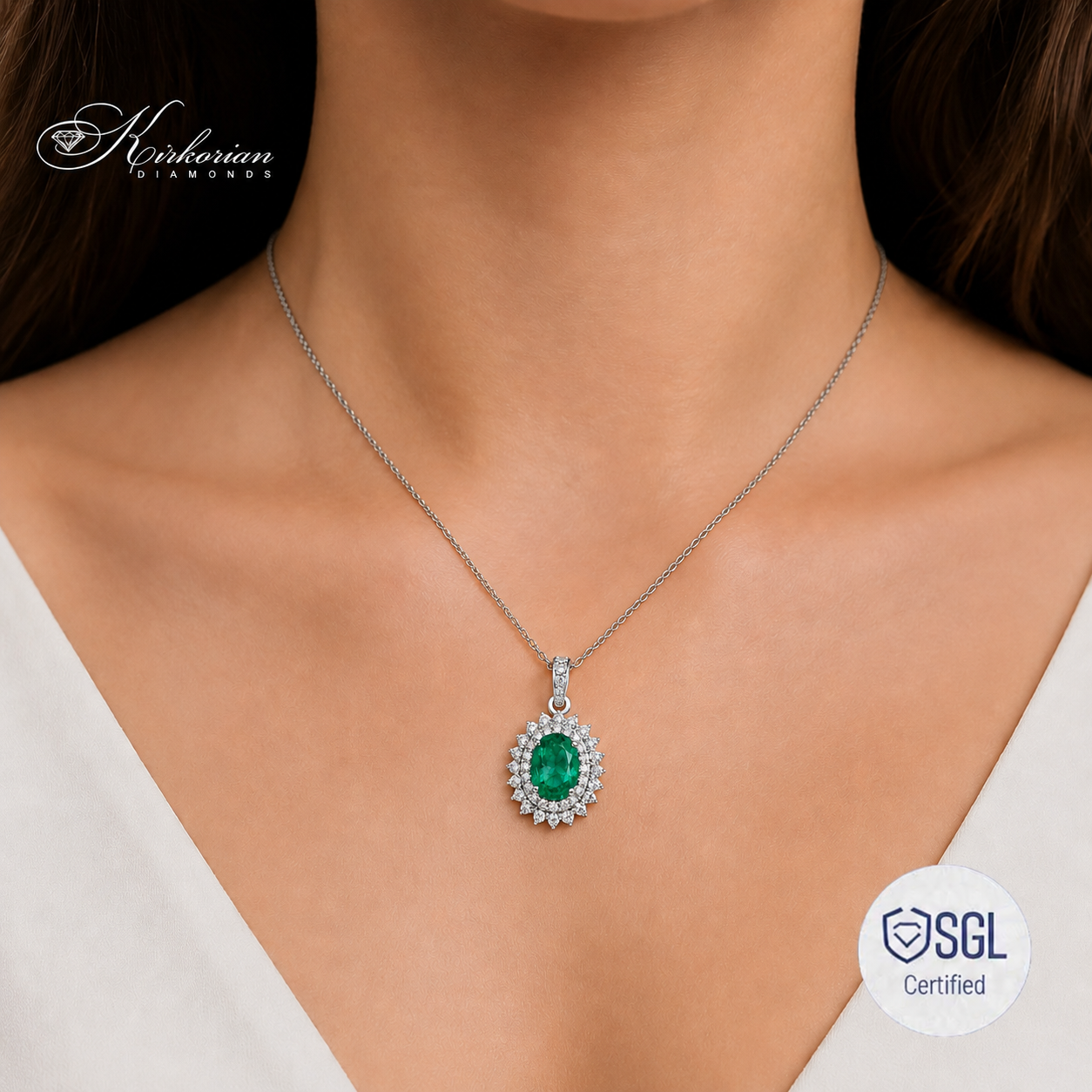 Дамско колие с естествен смарагд 0.74 ct и диаманти 0.39 ct от бяло злато 14K – фино луксозно колие | PD6318EM