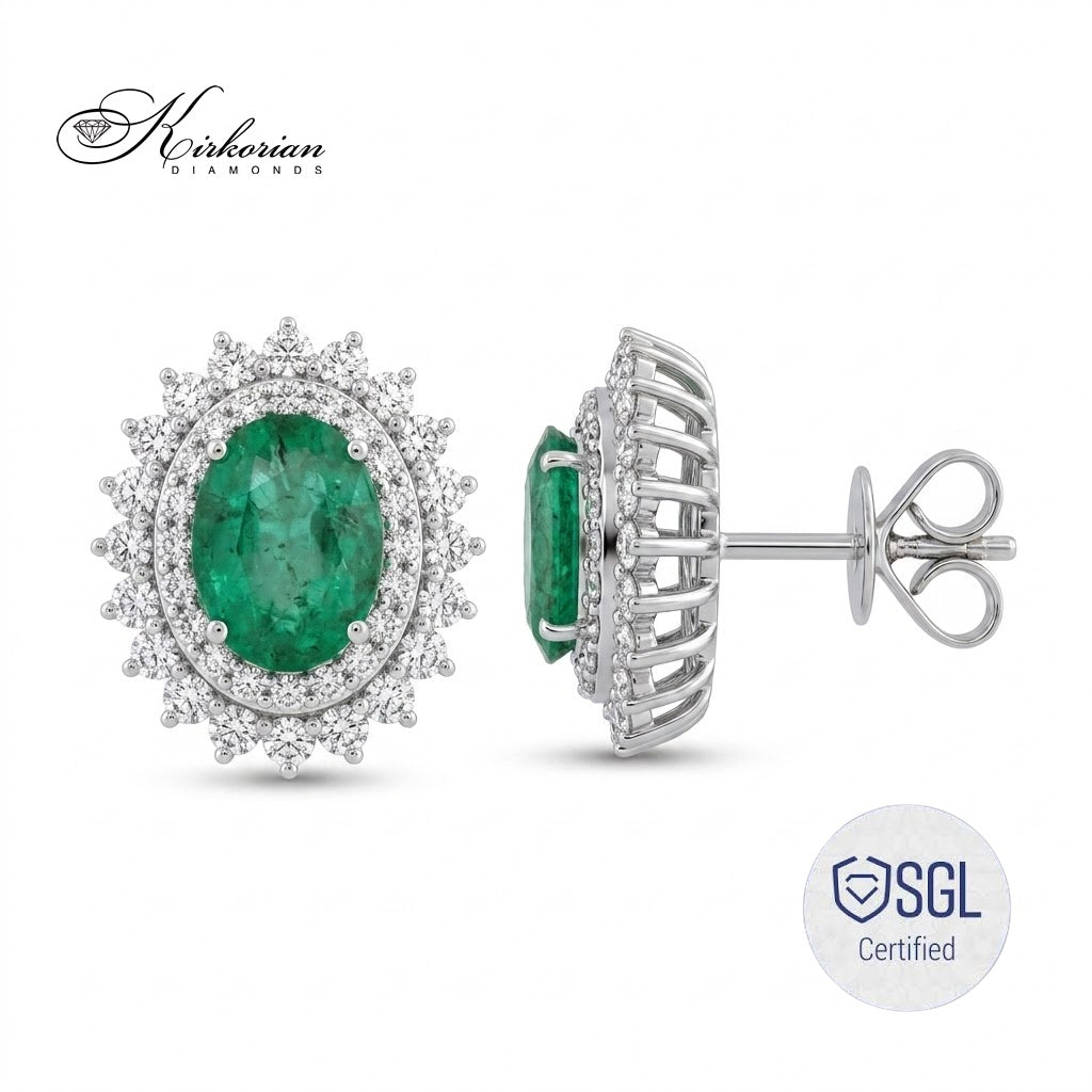 Обеци от 14К бяло злато със смарагди 1.46 ct и диаманти 0.70 ct F/G VS, изглед отпред и отстрани