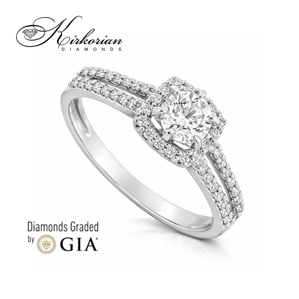 Годежен пръстен от бяло злато 18К с централен диамант 0.30ct GIA сертификат и допълнителни диаманти – код R462