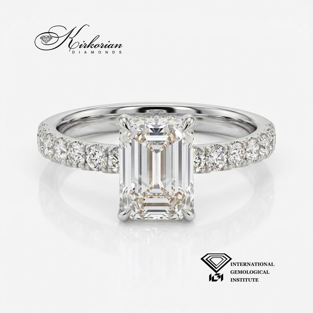 Годежен пръстен RG07665 от 14К бяло злато с Lab Grown диамант Emerald Cut 1,50 ct – фронтален изглед
