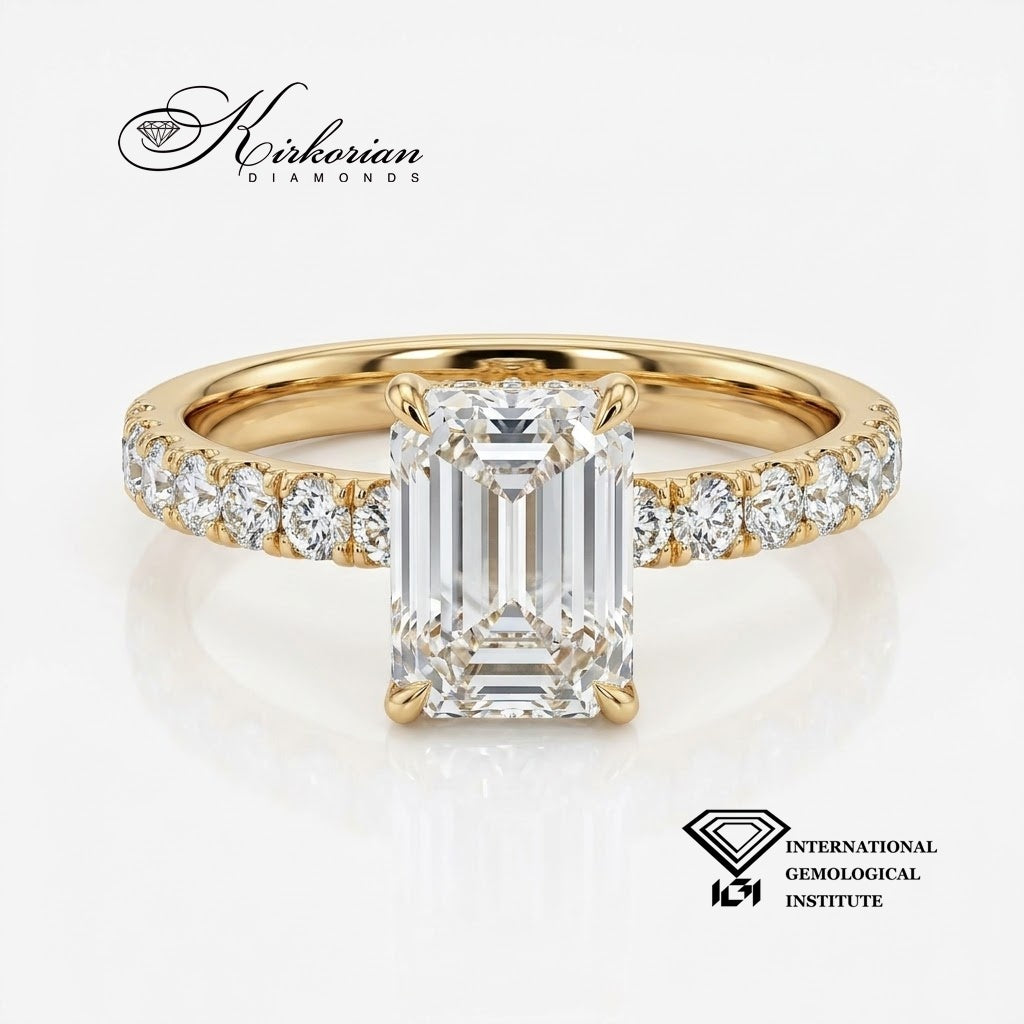 Годежен пръстен RG07665G от 14К жълто злато с Lab Grown диамант Emerald Cut 1,50 ct – фронтален изглед