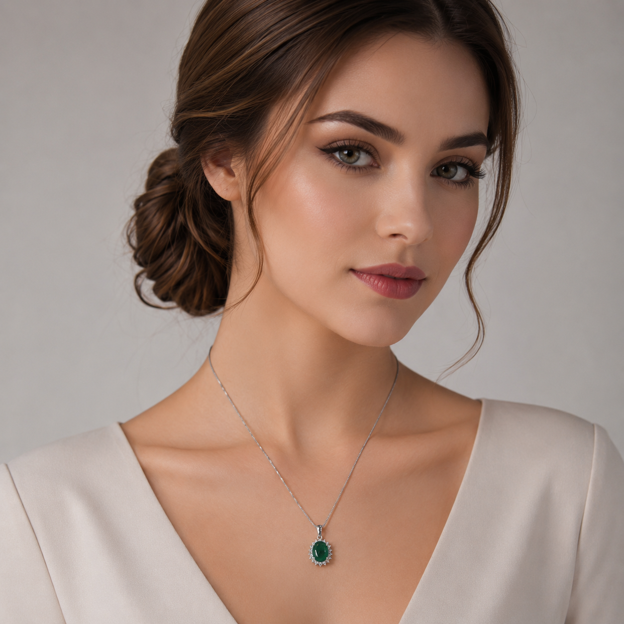 Дамски модел, носещ колие от бяло злато 18K с естествен смарагд 1.25 ct и диаманти 0.17 ct – модел RN110 от Kirkorian Diamonds