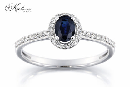 Годежен пръстен от бяло злато 14К със сапфир и диаманти 0.13 ct – модел RN113