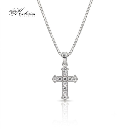 Дамско колие Kirkorian Diamonds с класически православен кръст от 14К бяло злато, богато инкрустиран с диаманти 0.10 ct, представен върху изчистена бяла повърхност с деликатно отражение.