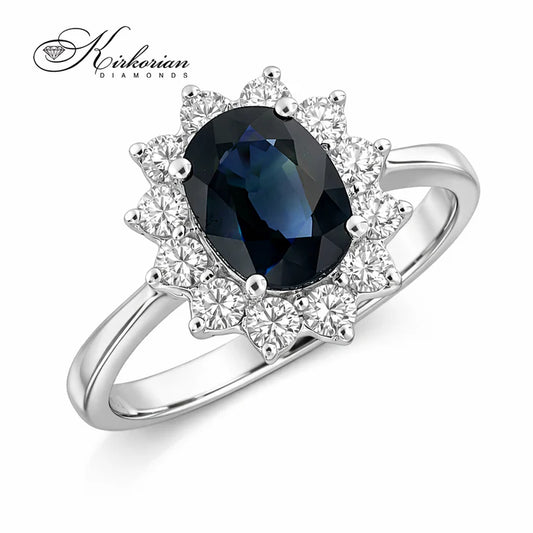 луксозен пръстен със сапфир и диаманти бяло злато