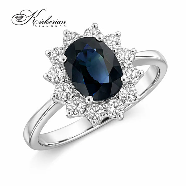 Годежен пръстен със сапфир 1.40 ct и диаманти 0.39 ct от бяло злато 14К – луксозен пръстен със син сапфир | RN129B