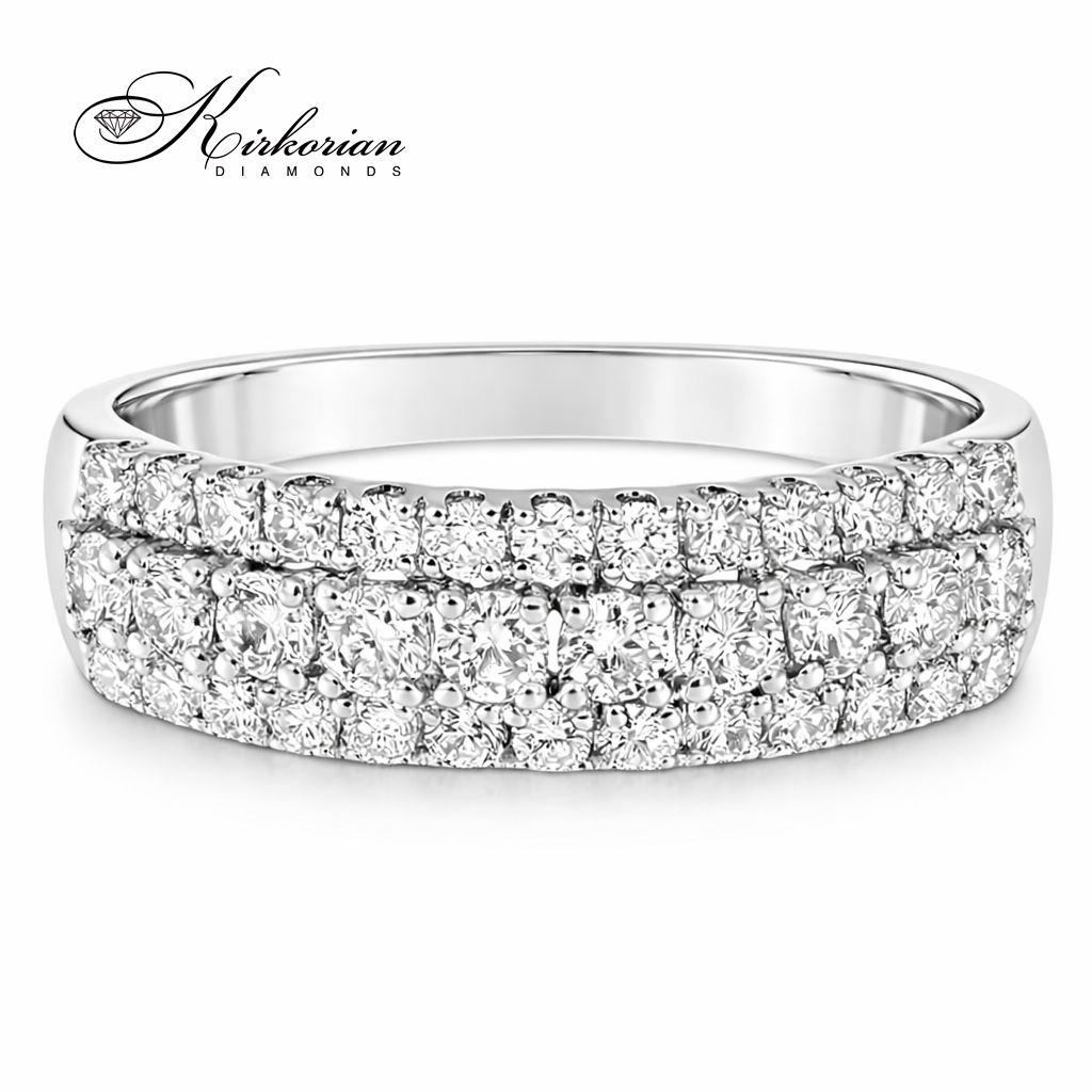 Луксозен пръстен халка от бяло злато 18K с диаманти 0.75 ct RN147B – широк диамантен пръстен с три реда камъни