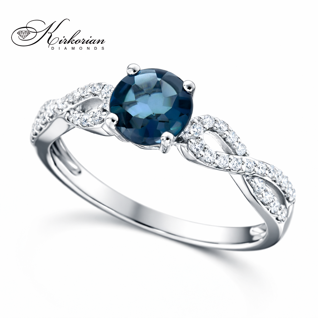 Годежен пръстен с Лондон Блу Топаз 0.80 ct и диаманти 0.15 ct от бяло злато 14К – лукс на достъпна цена
