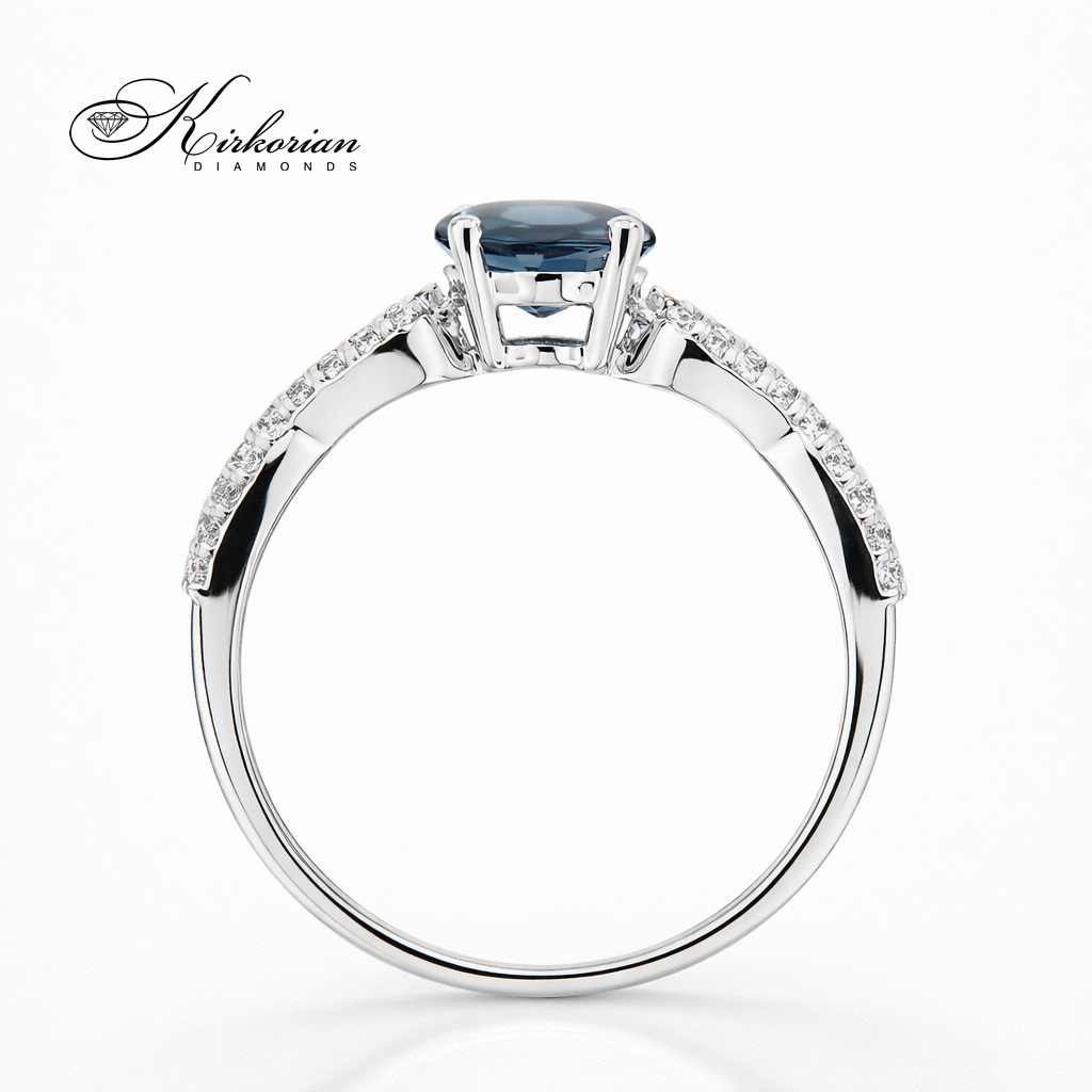 Годежен пръстен с Лондон Блу Топаз 0.80 ct и диаманти 0.15 ct от бяло злато 14К – лукс на достъпна цена