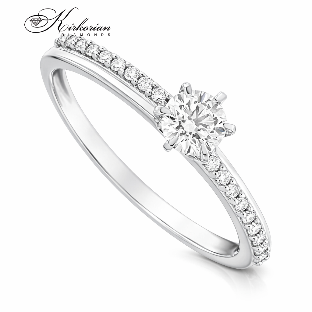 Годежен пръстен с диаманти 0.355ct от бяло злато 14К – модел RN182B, централен брилянтен диамант с паве диаманти по халката