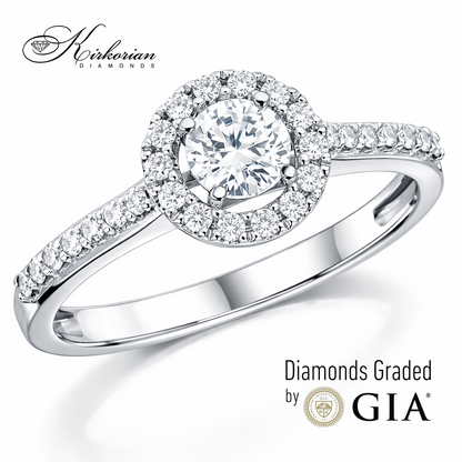 луксозен годежен пръстен halo с диаманти 0.53 ct GIA бяло злато 18k