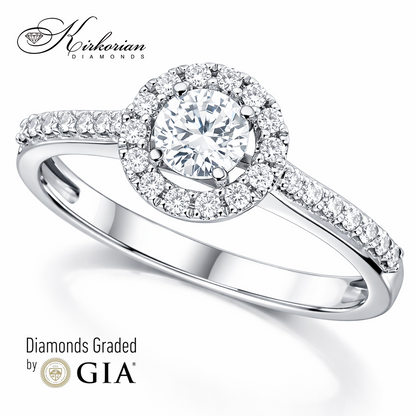 елегантен годежен пръстен с централен диамант и halo диаманти 0.53 ct GIA 18k бяло злато