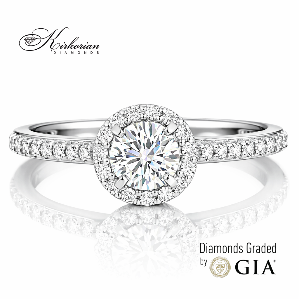 луксозен годежен пръстен с централен диамант и halo диаманти 0.42 ct GIA 18k бяло злато