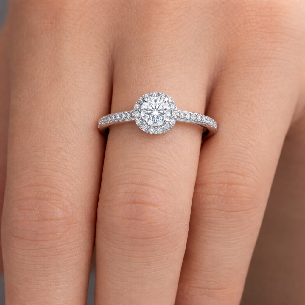 годежен пръстен с диаманти 0.42 ct GIA на ръка бяло злато 18k елегантен halo
