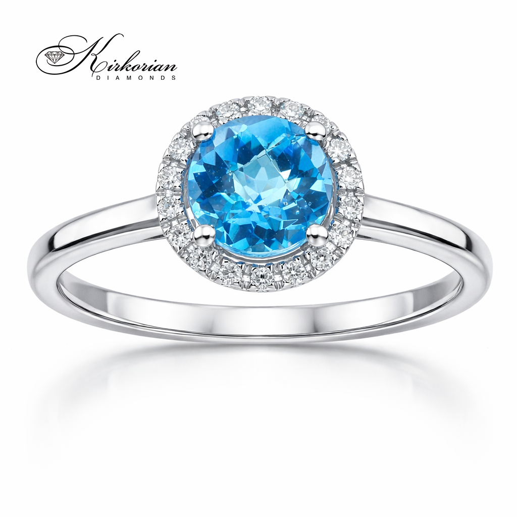 годежен пръстен с кръгъл топаз и диаманти бяло злато 18K модел RN23