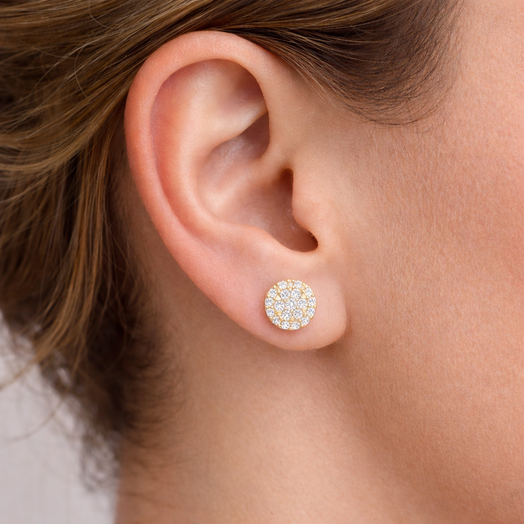 диамантени обеци 0.50 ct кръгъл клъстер дизайн жълто злато