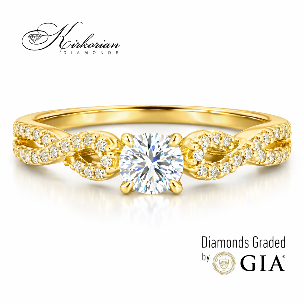 класически годежен пръстен с централен диамант 0.41 ct GIA E VS2 жълто злато 18K RN29A