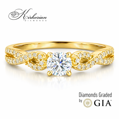 класически годежен пръстен с централен диамант 0.41 ct GIA E VS2 жълто злато 18K RN29A