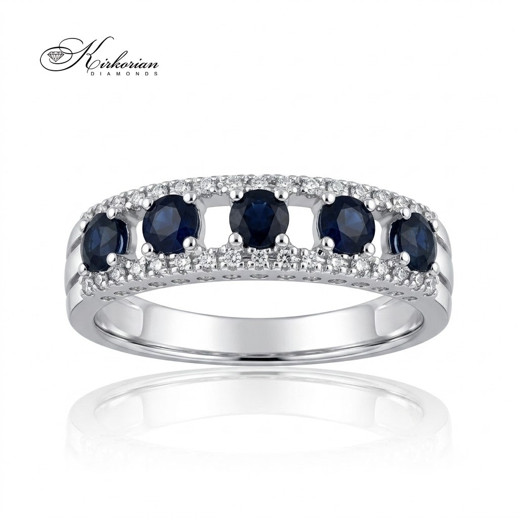 Пръстен Kirkorian Diamonds от бяло злато 18К с пет естествени сини сапфира (0.50 ct) и рамка от ситни диаманти (0.09 ct), модел RN32.